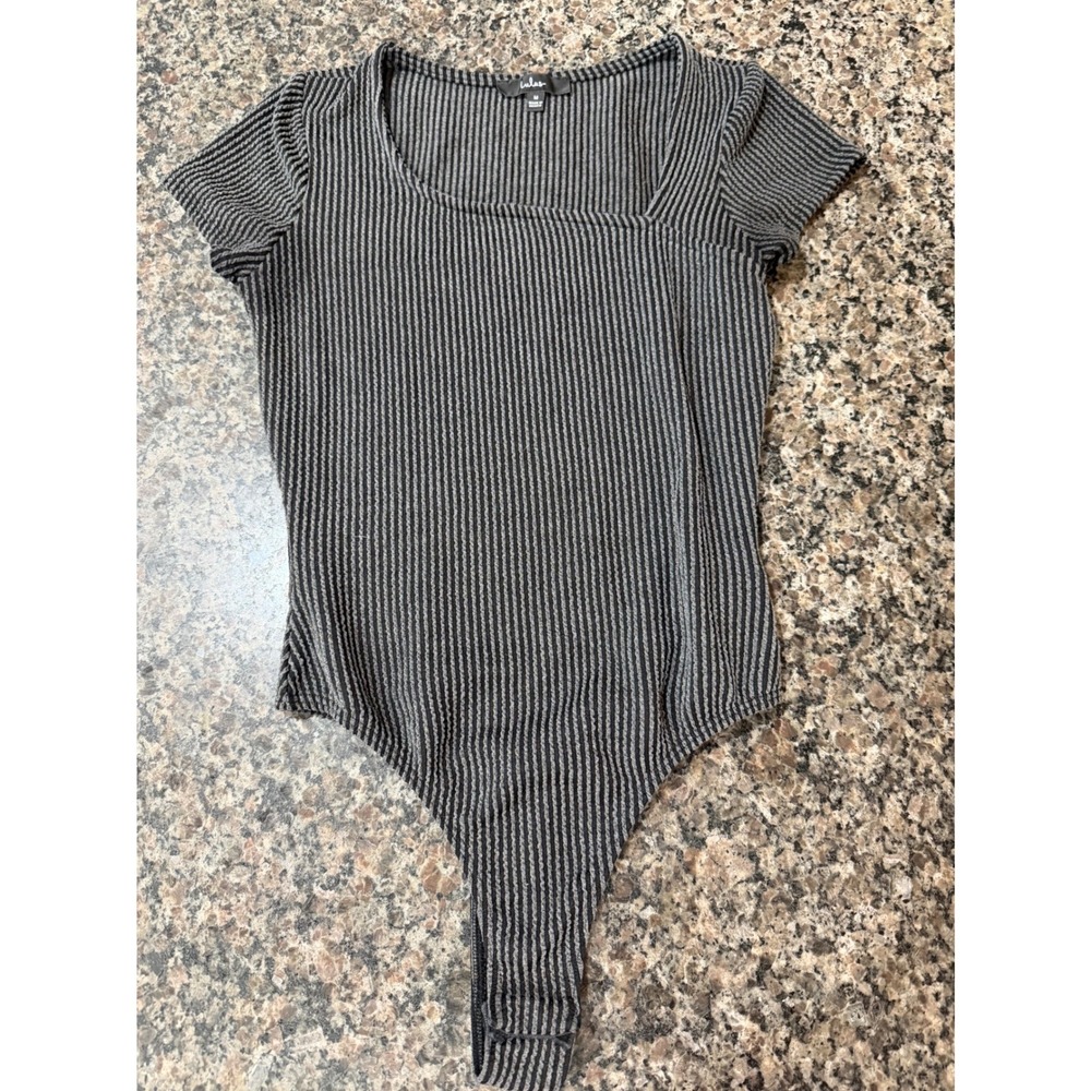 Lulus Womens Ribbed Striped Short Sleeve Bodysuit Black Grey Size Medium
